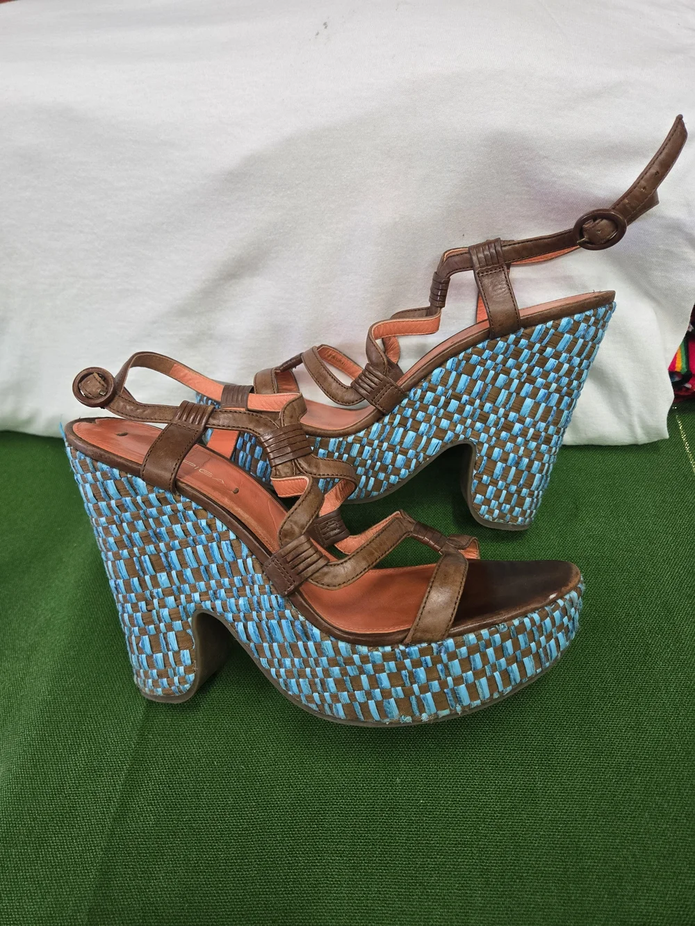 Via Spiga Brown Leather Strappy Platforms with Turquoise Woven Heel
